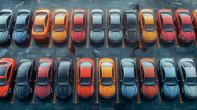 Automobile parking area with cars for sale and rental, outdoor lot, used car dealership and dealer agent concept.