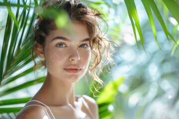 Fototapeta premium woman with irritated face skin using a soothing facial mist, surrounded by natural elements, copy space