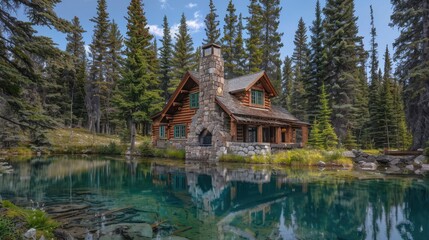 Obraz premium A rustic, Canadian log cabin with a stone chimney, surrounded by pine trees and a clear, blue lake.