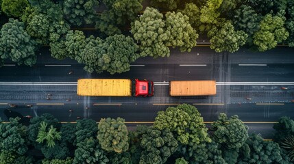 Aerial view of red truck on forest road