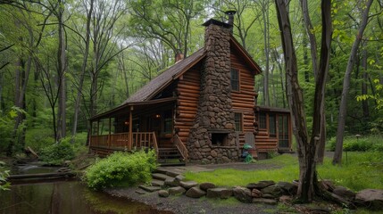 Fototapeta premium A rustic log cabin with a stone chimney, nestled in the woods with a small creek nearby.