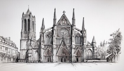 Architectural sketch of a gothic cathedral in pencil.