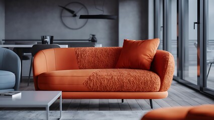 Orange couch in modern living room