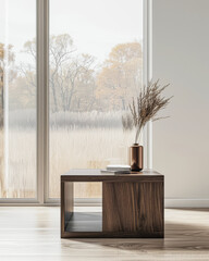 Property interiors with a modern design, minimal furniture and natural window lighting. Minimalist interiors design composition in warm tones.
