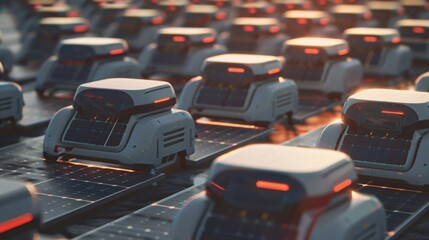 Fototapeta premium Autonomous AI robots maintaining solar panels