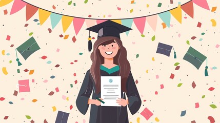 Graduate holding their certificate and wearing a graduation hat, with a backdrop of congratulatory banners