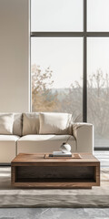 Obraz premium Property interiors with a modern design, minimal furniture and natural window lighting. Minimalist interiors design composition in warm tones.