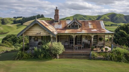 Obraz premium A rustic, New Zealand farmhouse with a corrugated iron roof, wide verandas, and rolling green hills.