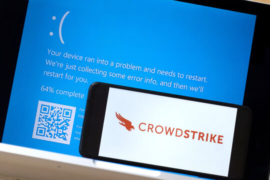 The CrowdStrike logo and a blue computer screen appeared during mass tech outages worldwide, causing IT systems to shut down. The Microsoft system error was caused by CrowdStrike.