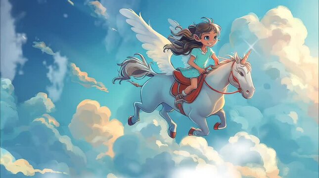 Fairy princess riding unicorn in the sky. Seamless loop video background