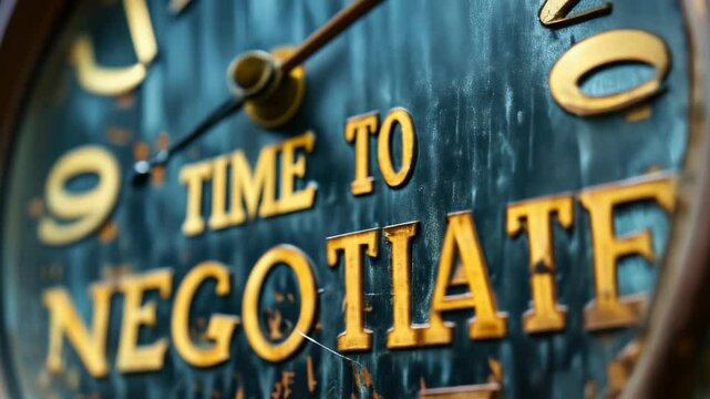 Close-Up of Vintage Clock with Time to Negotiate Text, Symbolizing Urgency in Business Dialogues and Agreement Concepts