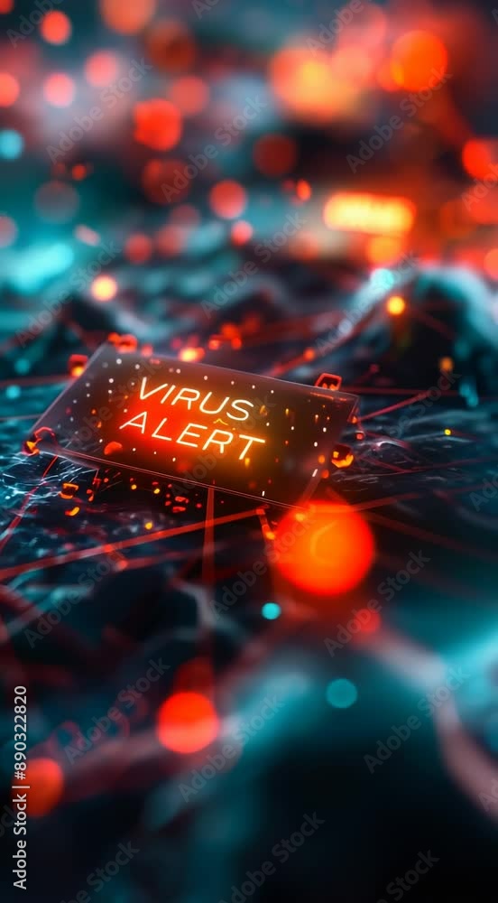 Poster cybersecurity virus alert warning on digital network screen with global data flow connections, conce