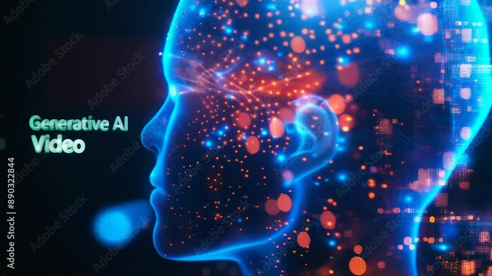 Poster futuristic digital human profile with neural network brain activity representing advanced generative