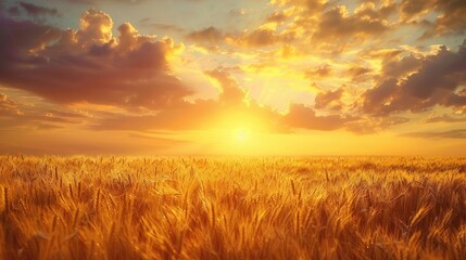 Obraz premium Golden sunset illuminating wheat field landscape
