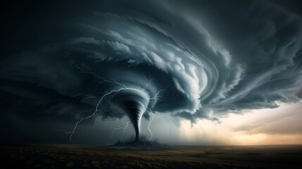 Extreme weather with a thunderstorm, cyclone, and twister converging in a chaotic landscape, dark clouds, and lightning