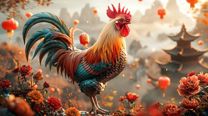 Fototapeta premium Vibrant 3D Cartoon Rooster Mascot in Chinese Festival Setting