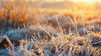 Grass in the meadow coated with frost