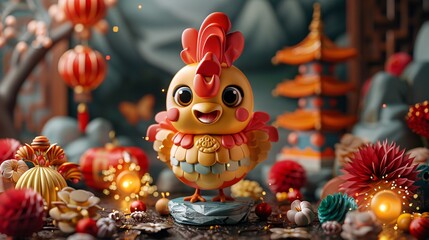 Vibrant 3D Cartoon Rooster Mascot with Festive Lanterns and Flowers