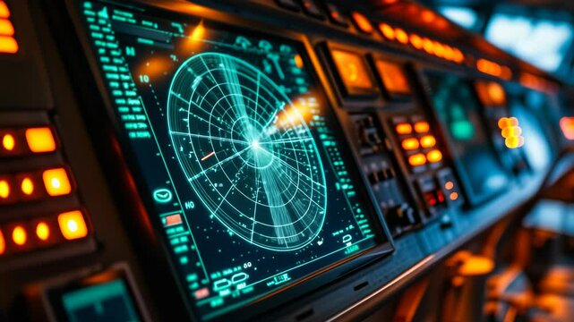 Advanced Maritime Navigation Radar Screen on Dimly Lit Ship Bridge Showcasing Sophisticated Technology for Marine Travel at Night