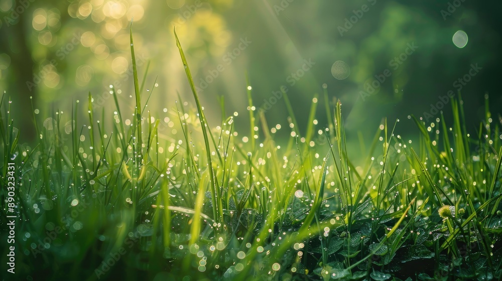Poster grass covered in dew drops with bokeh backdrop natural setting