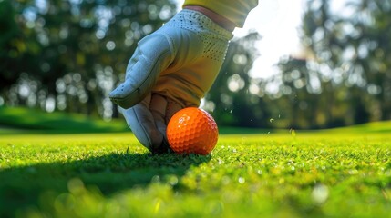 Golfer uses gloved hand to retrieve golf ball
