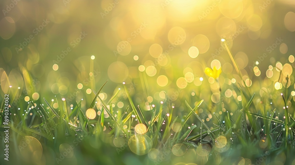 Aufkleber grass covered in dew drops with bokeh backdrop natural setting
