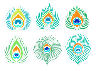 Set of peacock feathers. Bright colored silhouette. Simplified minimalistic feather vector design. Decorative sign.