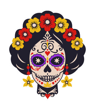 Catrina head. Woman sugar skull. Mexican Day of the Dead. Vector isolated illustration