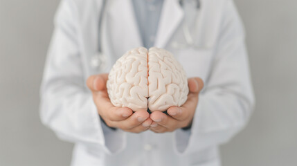 A doctor in a white coat holds a mock-up of a human brain with two hands, close-up.