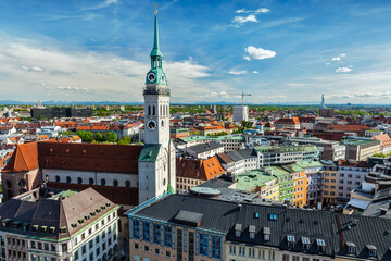 Fototapeta premium Aerial view of Munich and St. Peter Church - Marienplatz and Altes Rathaus, Bavaria, Germany