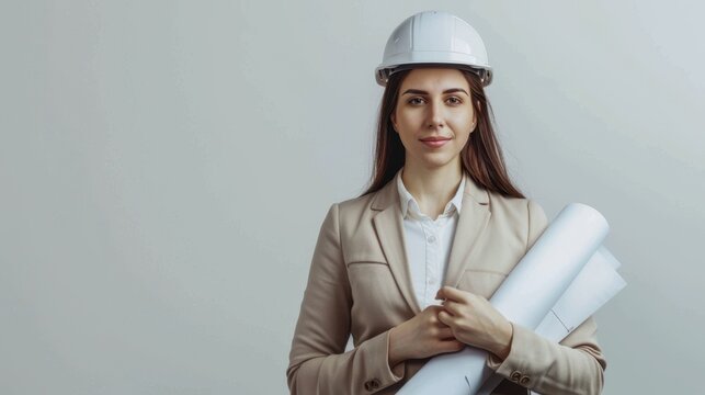 The female architect with blueprints - Powered by Adobe