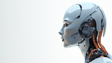 Futuristic robot woman with exposed machinery and glowing eyes stares forward with determination