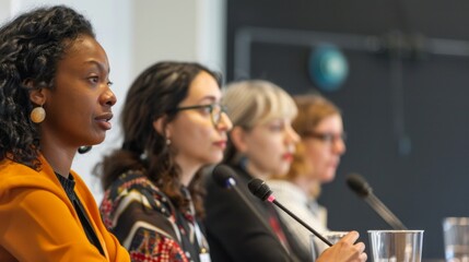 A diverse panel of women engaged in a discussion at a conference.