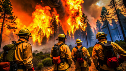 firefighters to extinguish the forest fire. Natural disaster forest fire. Intense flames from a massive forest wildfire.