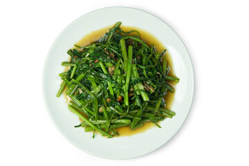 Stir-fried morning glory in a white plate isolated on white background with clipping path top view flat lay. Thai style! Also known as Pad Pak Boong, this is a simply delicious Thai dish.