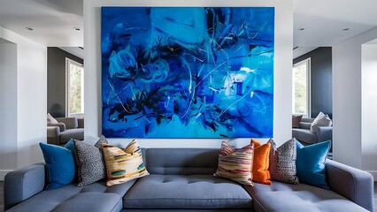 Blue abstract painting on white wall of contemporary living room interior with grey settee with pillows