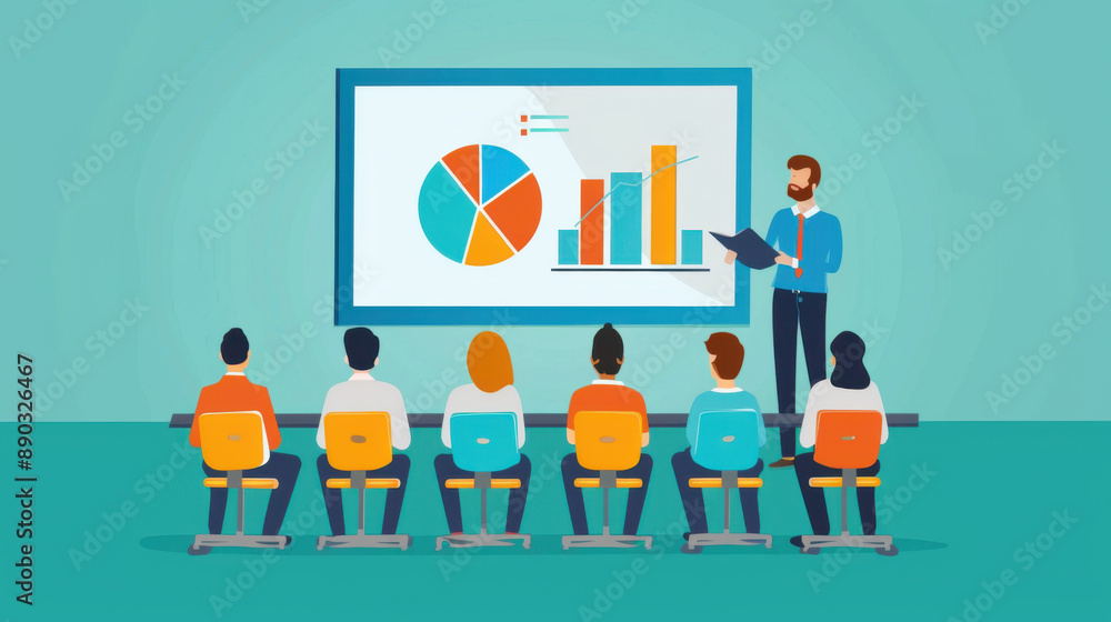 Poster illustration of a business presentation with graphs and charts, showing a man presenting to a group 