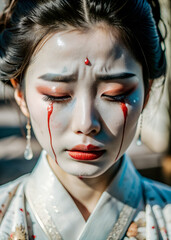 asian woman with a tearful expression, wearing a traditional Japanese kimono