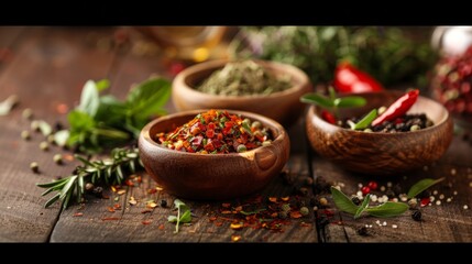 Assorted spices in wooden bowls on rustic table