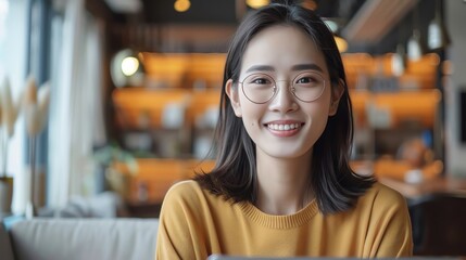 Happy Asian woman in a video conference call, remote work and flexible culture concept, young female digital nomad freelancing on laptop from home, copy space