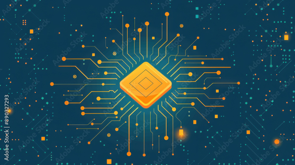 Poster abstract illustration of a digital circuit board with a central processor, representing modern techn