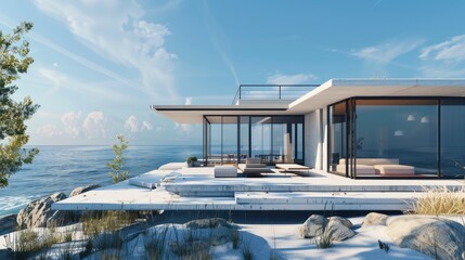 A sleek, modern beach house with a minimalist design, large windows overlooking the ocean, and a rooftop terrace.