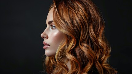 Fototapeta premium Woman With Long Brown Hair Posing Against Black Background