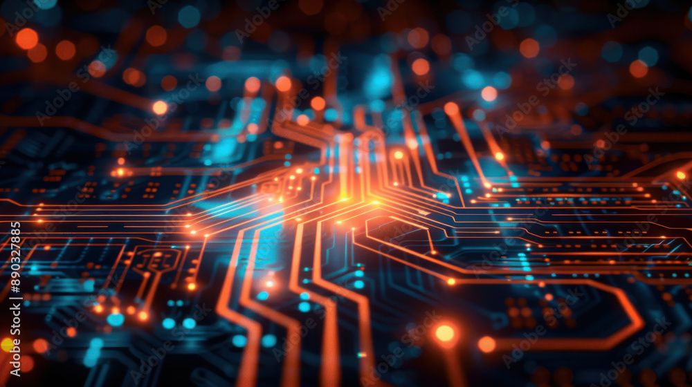 Poster close-up view of a futuristic circuit board, illuminated with blue and orange lights, representing a