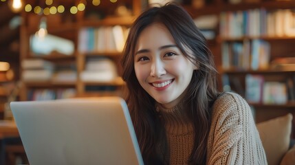 Happy Asian woman in a video conference call, remote work and flexible culture concept, young female digital nomad freelancing on laptop from home, copy space