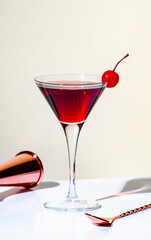 Manhattan alcoholic cocktail drink with whiskey, red vermouth and cherry in martini glass. Beige background