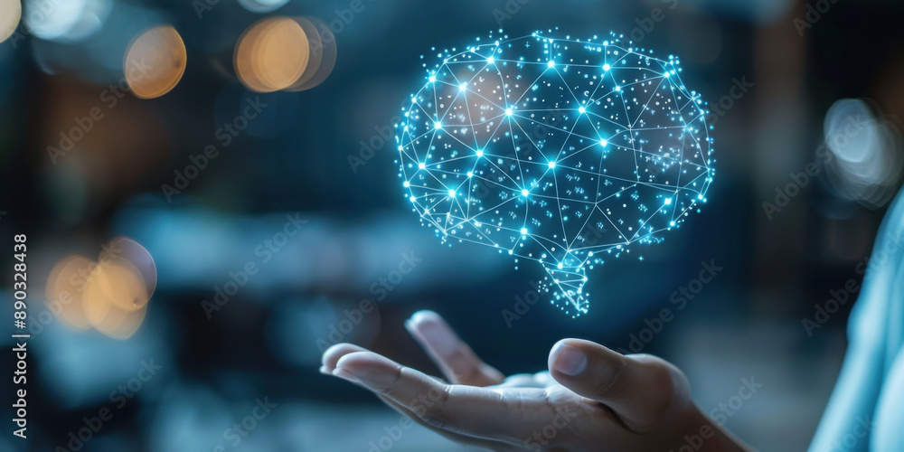 Aufkleber a hand holding a digital hologram of a brain, representing artificial intelligence and neural networ
