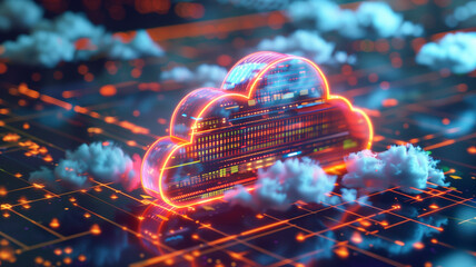 Cloud service for storing digital data concept poster. Big date electronic computer technology creative background. Data storage servers. Cloud computing hosting. AI artwork.
