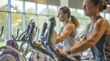Fototapeta premium A small view of big sport room where two people are having workout. They are running on elliptical machines. The exercise is intensive and hard