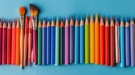 Colorful Pencils and Pigment Swatch Display on a Blue Background